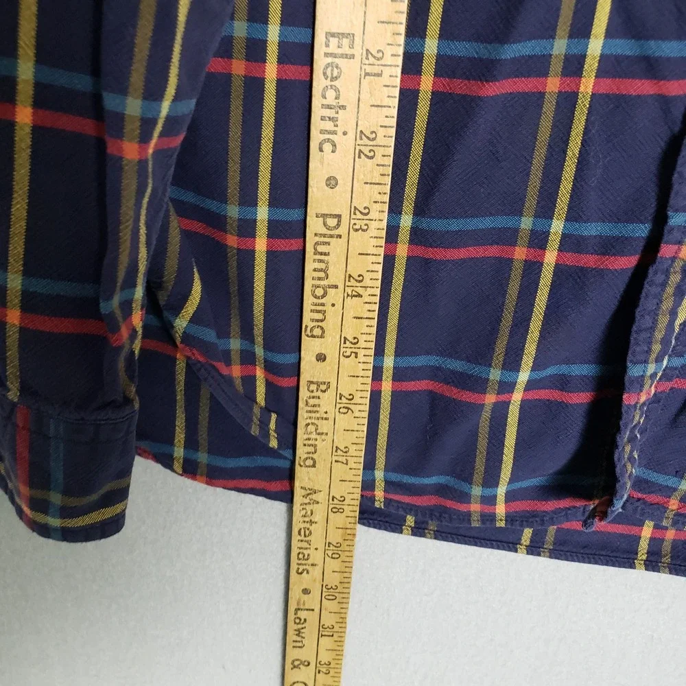 JCrew Long Sleeve Oxford Shirt Navy Blue Windowpane Plaid Office Casual Cotton L